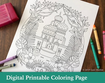 Coloring Page || Digital Download || Jungle || Palace || Tropical || Printable || PDF