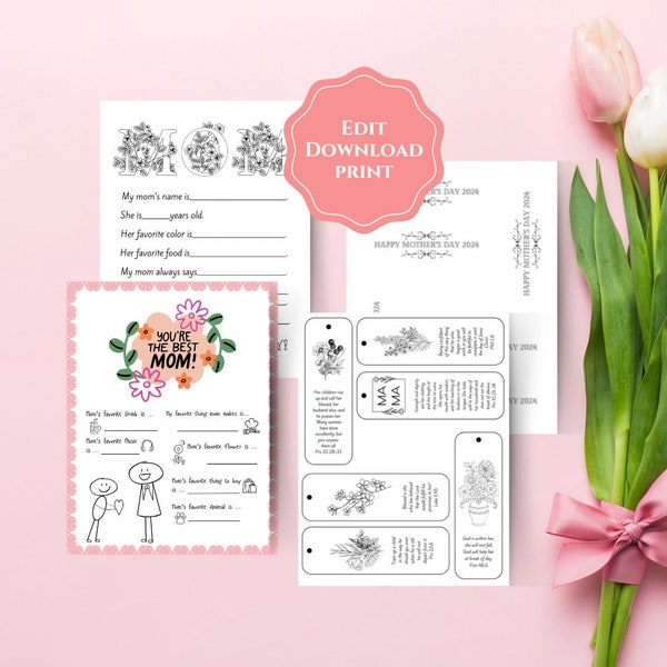 Mother's Day Homemade Gift, Coloring Pages, All About My Mom Gift, Scripture Bookmark, Floral Coloring Page, Printable Canva Template