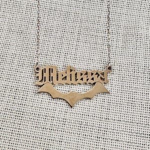 Gothic Bat Name Necklace: Personalized Old English Sterling Silver