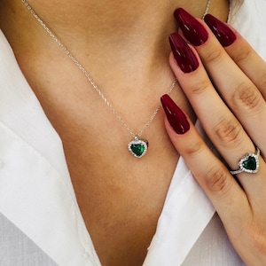 Emerald Heart Necklace - Romantic Diamond Pave Necklace, Diamond Heart Pendant, 14K Gold Necklace, Sterling Silver Necklace, Gift For Her,