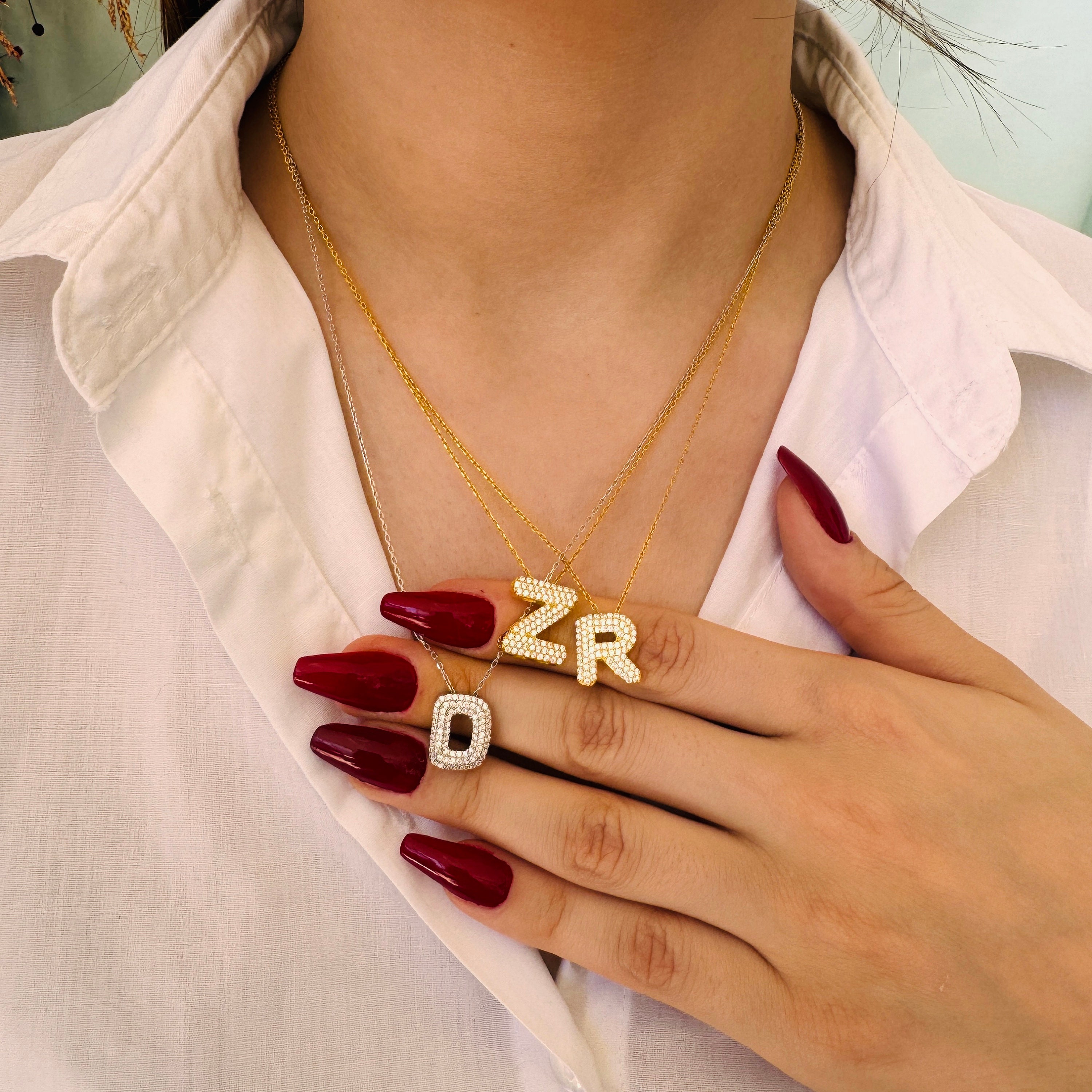 Pave Bubble Letter Necklace, 14K Gold Plated Bubble Pendant ...