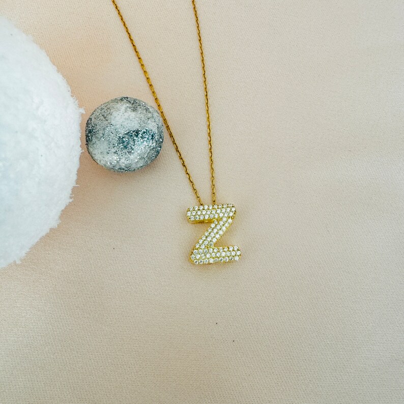 Pave Bubble Letter Necklace, 14K Gold Plated Bubble Pendant ...