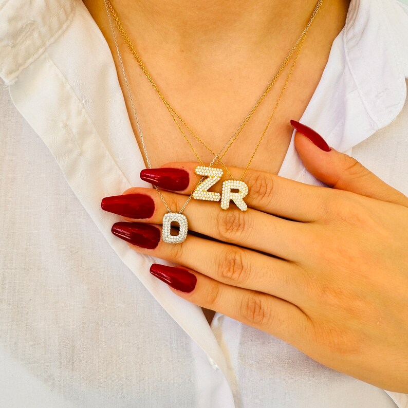 Pave Bubble Letter Necklace, 14K Gold Plated Bubble Pendant, Personalized Jewelry, Diamond ...