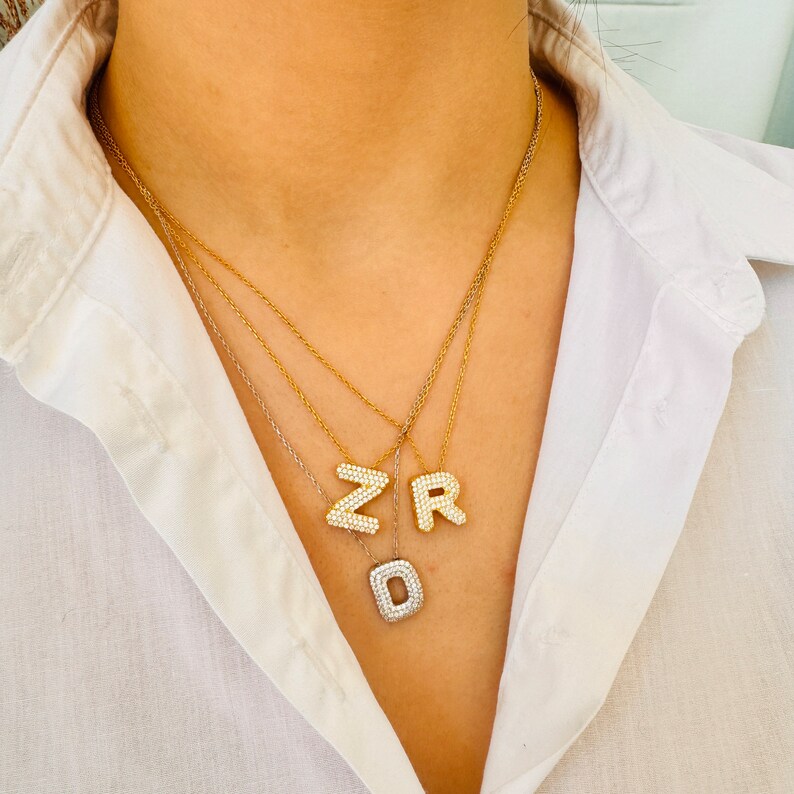 Pave Bubble Letter Necklace, 14K Gold Plated Bubble Pendant, Personalized Jewelry, Diamond ...
