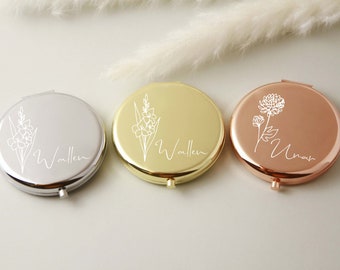 Miroir compact personnalisé, cadeaux pour demande de demoiselle d'honneur et anniversaire d'une meilleure amie, cadeau personnalisé pour femme, miroir de poche fleur de naissance pour elle