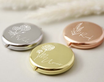 Miroir compact personnalisé, cadeaux pour demande de demoiselle d'honneur et anniversaire d'une meilleure amie, cadeau personnalisé pour femme, miroir de poche fleur de naissance pour elle