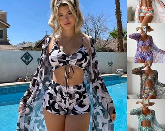 Bikini mit langen Ärmeln, 3-teilig, Cardigan-Mode, Sommer-Strand-Badeanzug für Damen, Sommer-Vibes, Sommer 2024