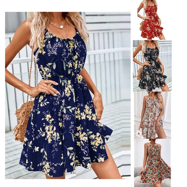 Woman Dress Floral Print ,Suspender Dress With Elastic Waist ,Design Fashion Summer, Short Dresses Women's Clothing,Summer 2024 Trend