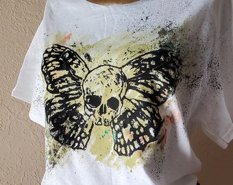 Skull Butterfly Original Hand Silkscreened Tee Shirt | Original Graphic | Grunge Distressed