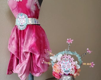 Candy Colored Pastel Sugar Skull Women's Costume Dress with Belt + Headdress