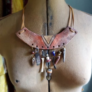 Talisman Collector - Ceramic Half Moon Necklace with a Collection of Good Luck Talismans attached