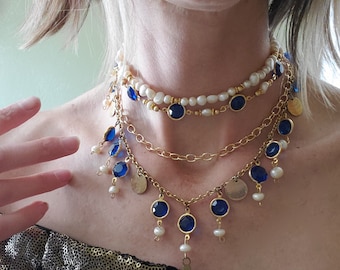 Gold and Sapphire Colored Glass Multilevel Choker and Mid Length Necklace with Comfortable Velvet Tie
