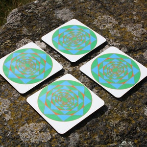 May include: Four square coasters with rounded corners, each featuring a white background and a central circular design composed of concentric, overlapping triangles in shades of bright green, light blue, and thin orange outlines.