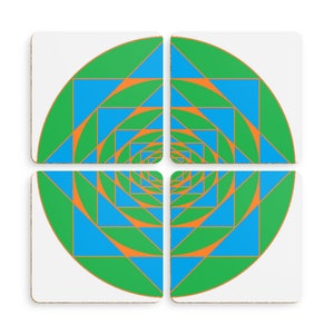 May include: A set of four square coasters featuring a continuous geometric pattern of concentric circles and triangles in vibrant shades of green, bright blue, and orange, arranged to form a large circular design across the four pieces.