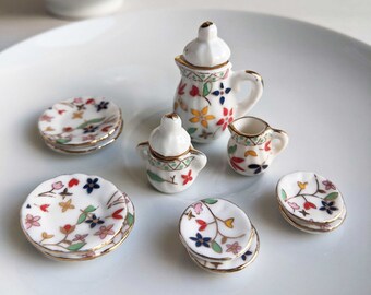 Miniature Tea Set with Colourful Flowers - white ceramic teapot - plates - milk jug - 11 pieces - doll house