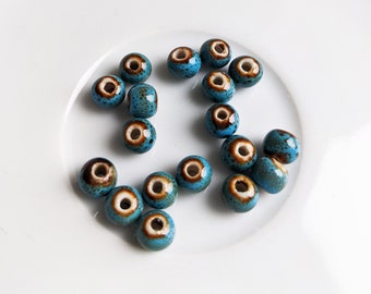 Blue Speckled Ceramic beads - teal donut beads - hand made beads - 18 beads - 7mm