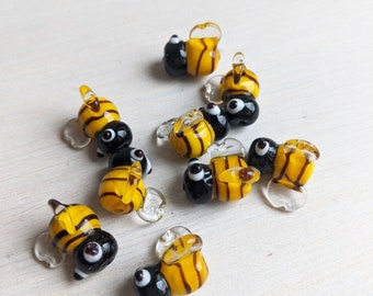 Lampwork Glass Bee Beads - black and yellow - cute - 9 beads - 15mm
