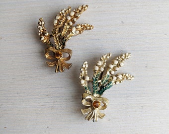 Heather Sprig Brooches with orange glass stones - 1960s vintage - loose pin - for jewellery making - 2" - marked Hollywood