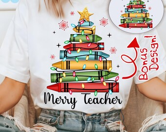 Merry Teacher PNG, Teacher Christmas PNG, Christmas Gifts, Christmas Png, Christmas Pencil Tree PNG, Crayon Tree Light Png, Gift for Teacher