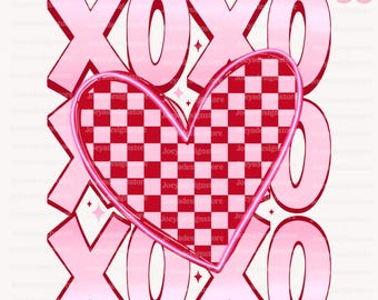 May include: Pink XOXO graphic with a red and white chequered heart in the centre. The heart has a neon pink outline.