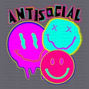 May include: A graphic design featuring the word "ANTISOCIAL" in a black, yellow, and blue font above three smiley face designs. The smiley faces are pink, blue, and pink with different expressions, set against a gray background.