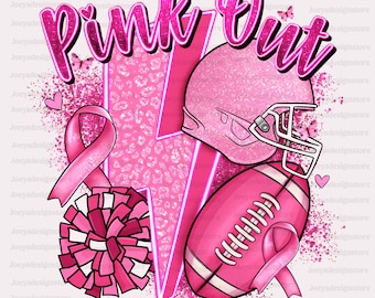 May include: Pink Out design with a football, a pink ribbon, a cheerleader's pom-pom, and a football helmet. The design is on a white background with pink glitter and leopard print.