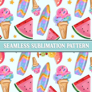 Summer Beach Surf Seamless Pattern, Tropical Seamless Pattern, Children&#39;s Seamless, Summer Ice Cream Seamless, Girl Summer Seamless Pattern
