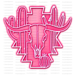 May include: A pink and white line art design of a bull skull with cactus plants on either side. The design is in a southwestern style.