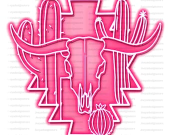 Sublimation de crâne de taureau néon, PNG Western néon, PNG occidental, sublimation aztèque occidentale, cactus, Cowgirl, crâne de taureau occidental png, sublimation