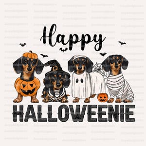May include: A digital illustration featuring four dachshunds dressed in Halloween costumes. One dog is in a pumpkin costume, another in a witch hat, a third as a ghost, and the last as a mummy. The words "Happy Halloweeni" are written above and below the dogs.