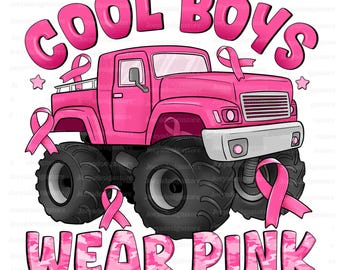 Cool Boys Wear Pink PNG, Tackle Cancer PNG, Pink Out Png, Breast Cancer Awareness PNG, Pink Ribbon Monster Truck Design, Monster Truck Png