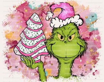 Pink Grichmas Christmas Preppy Glitter Png, Grinch Christmas Png, Christmas Tree Cake Png, Christmas Sublimation Digital Design Download