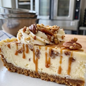 Op de afbeelding: Een punt cheesecake met een bodem van graham crackers, gegarneerd met slagroom, pecannoten en een karamelsaus. De romige witte vulling bevat zichtbare stukjes noot en de karamelsaus druipt langs de zijkant van de taartpunt naar beneden.