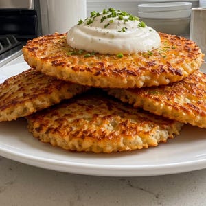 Könnte beinhalten: Ein Stapel aus drei goldbraunen, knusprigen Kartoffelpuffern auf einem weißen Teller. Der oberste Puffer ist mit einem großzügigen Klecks glatter, weißer saurer Sahne und einer Prise frischem, grünem Schnittlauch belegt, was für eine appetitliche Optik sorgt.