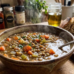 Peut inclure: Un bol fumant de soupe aux lentilles contenant des lentilles brunes, des carottes orange en dés et du céleri vert haché dans un bouillon savoureux. La soupe est servie dans un bol en céramique rustique et moucheté avec une cuillère en métal.