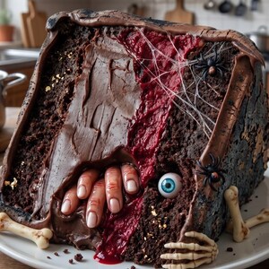 Peut inclure: Un gâteau au chocolat noir décoré d'une main humaine réaliste émergeant du centre, d'un œil bleu, d'araignées noires, de toiles d'araignée blanches et d'ornements en forme d'os, avec un fourrage rouge coulant au milieu.