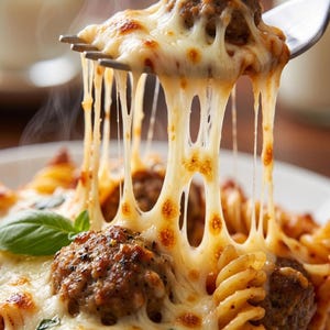 Peut inclure: Une fourchette en métal soulève une portion de pâtes rotini et une boulette de viande brune, avec de longs fils fins de mozzarella fondue dorée s'étirant de la fourchette vers le reste du plat, composé d'autres boulettes et de basilic.
