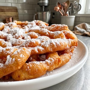 May include: A golden-brown funnel cake with a deep-fried, irregular, and knotted dough texture, generously dusted with a fine layer of white powdered sugar, served on a plain white ceramic plate with a smooth, rounded edge.