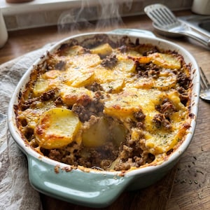 Puede incluir: Una cazuela humeante de patatas y carne picada horneada en un plato ovalado de cerámica de color verde claro. El plato presenta capas de patatas doradas cubiertas con queso amarillo derretido y carne picada, adornado con hierbas verdes secas.