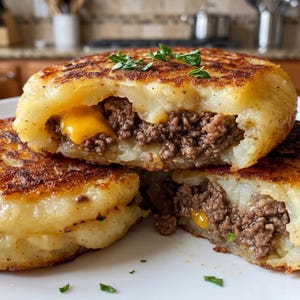 May include: A golden-brown potato pancake cut in half to reveal a savory filling of ground meat and melted yellow cheddar cheese. The exterior is crispy and browned, while the interior is soft, topped with small green fresh herb pieces.