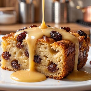 May include: A rectangular slice of golden-brown bread pudding studded with dark brown raisins. A thick, smooth, light tan custard sauce is being poured from above, coating the top and pooling around the base on a white ceramic plate.