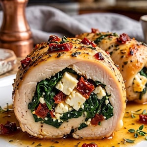 May include: A golden-brown roasted chicken breast roulade stuffed with fresh green spinach, white feta cheese crumbles, and chopped sun-dried tomatoes, seasoned with dried herbs and served in a light savoury pan sauce on a white plate.