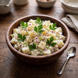 Könnte beinhalten: Eine Holzschüssel gefüllt mit Kartoffelsalat aus gewürfelten Kartoffeln, roten Zwiebeln und Sellerie in einem cremigen Dressing, garniert mit frischen grünen Petersilienblättern und schwarzem Pfeffer, dazu ein silberner Löffel.