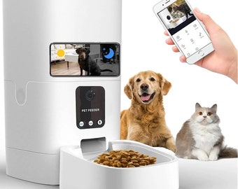 Mangeoire automatique pour animaux de compagnie de 6 l pour chats et chiens, caméra 1080p, contrôle par application, enregistrement vocal, mangeoire chronométrée pour un programme d'alimentation, distributeur avec contrôle par application