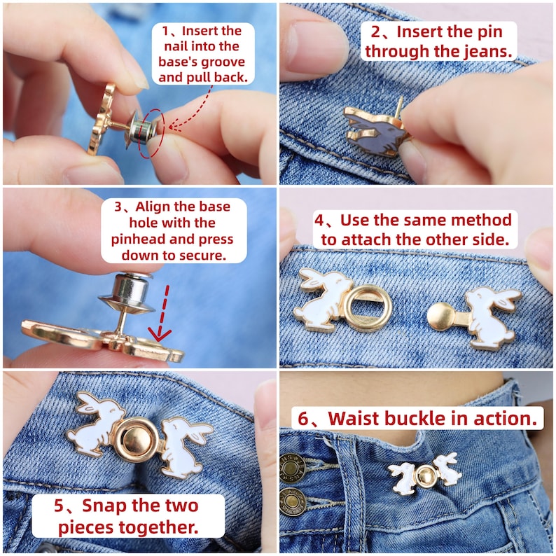 May include: A step-by-step guide on how to use a bunny-shaped waist buckle. The buckle is gold-colored with white enamel details. The instructions are numbered and show how to insert the pin, align the base, and snap the pieces together. The text in the image reads: "Insert the nail into the base's groove and pull back."