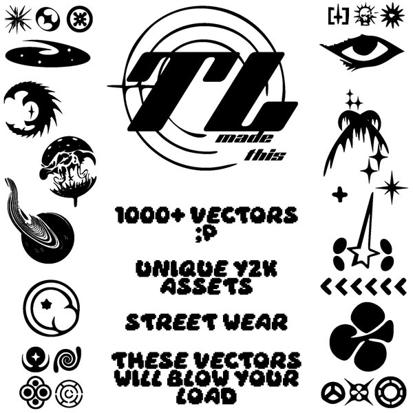 Y2K-Vektorpaket 1000+ | Für Streetwear | Grafikdesign | Aufbau einer Sammlung einzigartiger Assets | Logos und Titel | Neuer Stil