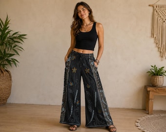 Pantalón de algodón hecho a mano con flor cosida a mano