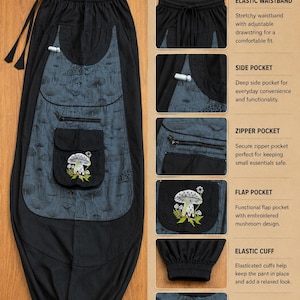 Puede incluir: Pantalones negros con cintura el&aacute;stica y cord&oacute;n, pu&ntilde;os el&aacute;sticos y un panel gris con estampado de setas. Los pantalones incluyen un bolsillo lateral, un bolsillo con cremallera y un bolsillo con solapa y dise&ntilde;o de seta bordado.