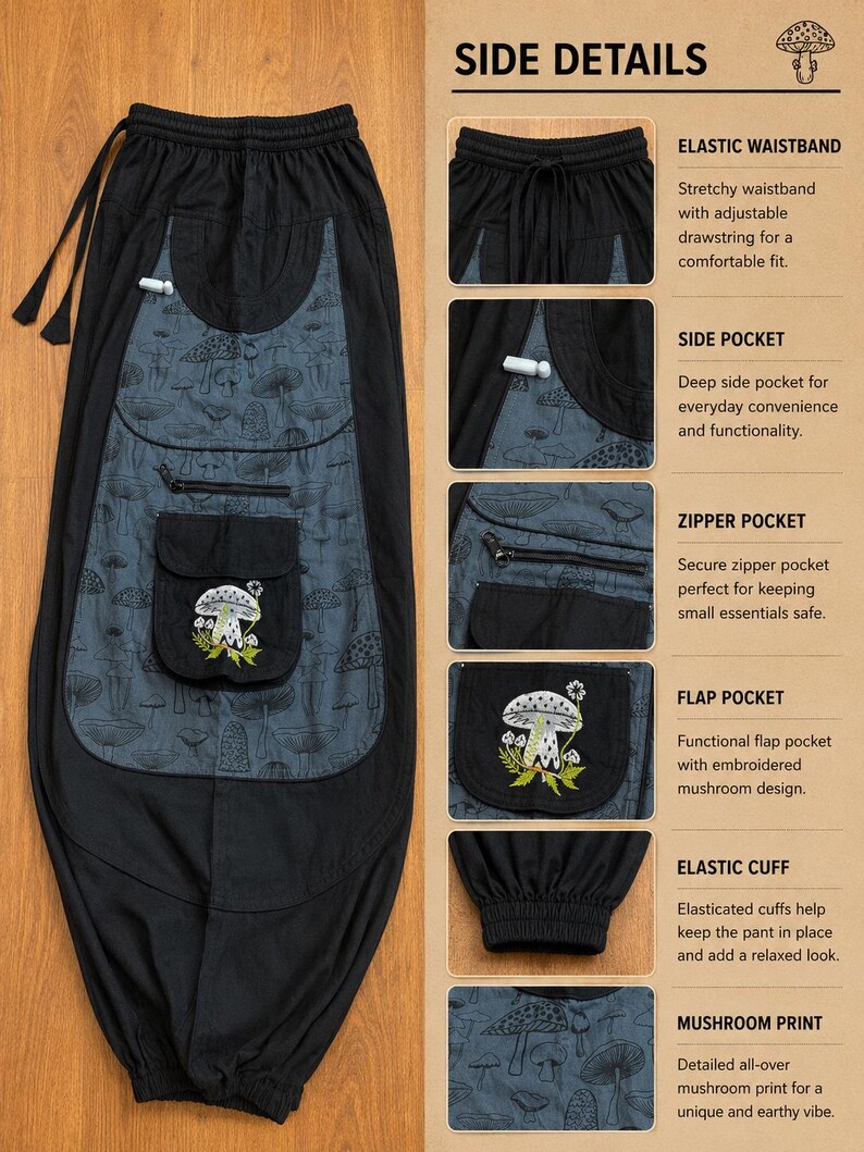 Puede incluir: Pantalones negros con cintura el&aacute;stica y cord&oacute;n, pu&ntilde;os el&aacute;sticos y un panel gris con estampado de setas. Los pantalones incluyen un bolsillo lateral, un bolsillo con cremallera y un bolsillo con solapa y dise&ntilde;o de seta bordado.