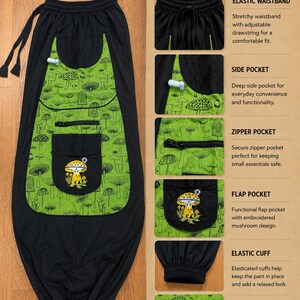 Puede incluir: Pantalones negros con un panel verde brillante con estampado de setas negras. Los pantalones incluyen una cintura el&aacute;stica con cord&oacute;n, un bolsillo lateral, un bolsillo con cremallera, un bolsillo con solapa y seta bordada, y pu&ntilde;os el&aacute;sticos.